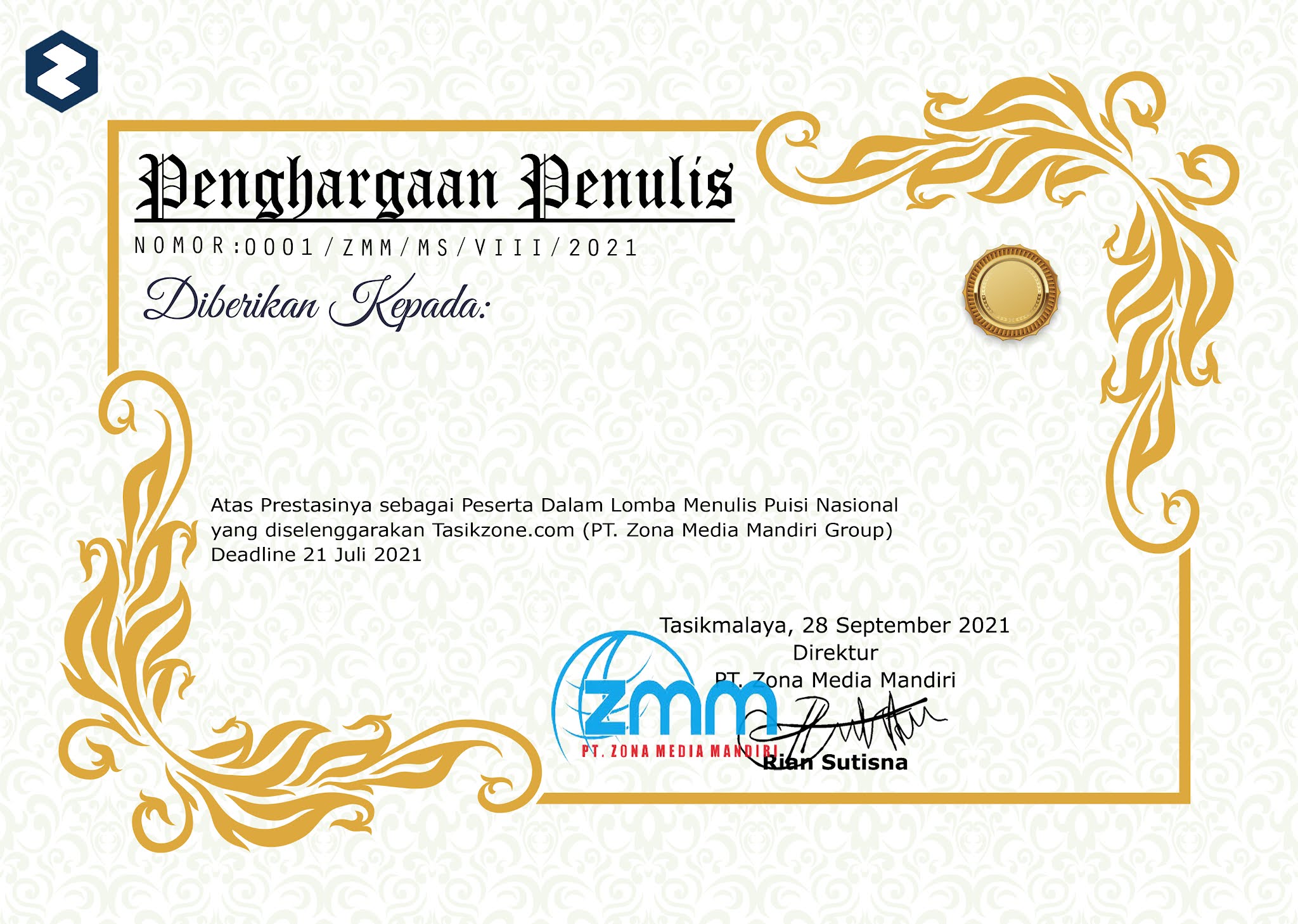 Detail Sertifikat Lomba Puisi Nomer 9