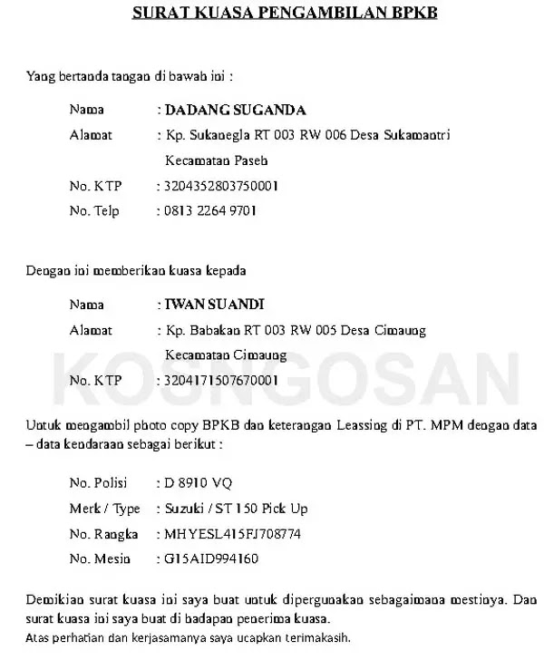 Download Download Contoh Surat Kuasa Pengambilan Bpkb Motor Nomer 24