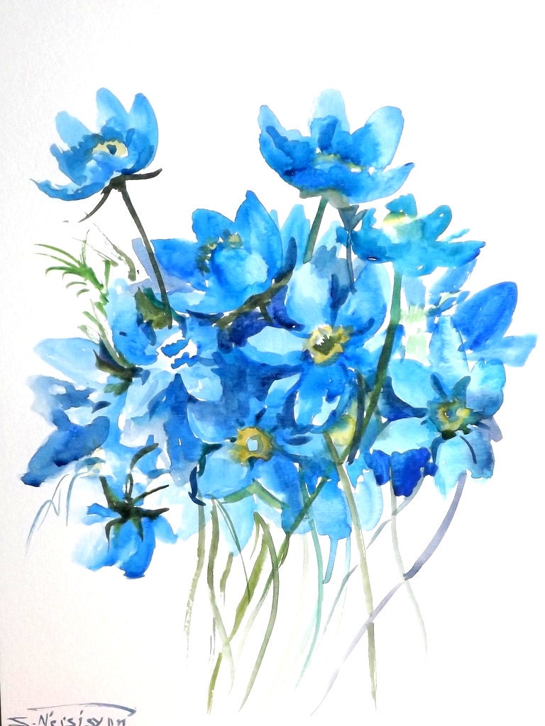 Detail Watercolor Flowers Blue Nomer 16