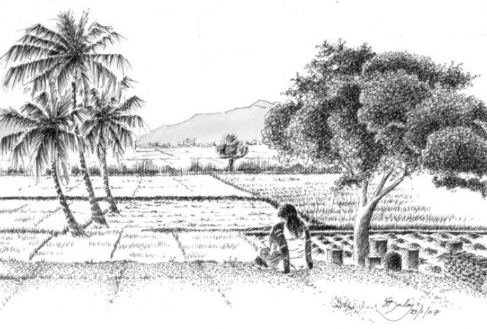 Detail Sketsa Gambar Pemandangan Desa Nomer 12