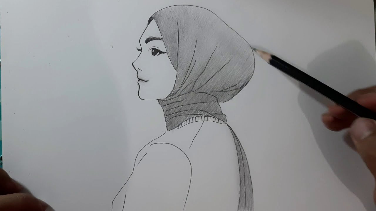 Detail Sketsa Wanita Berhijab Dari Samping Nomer 2