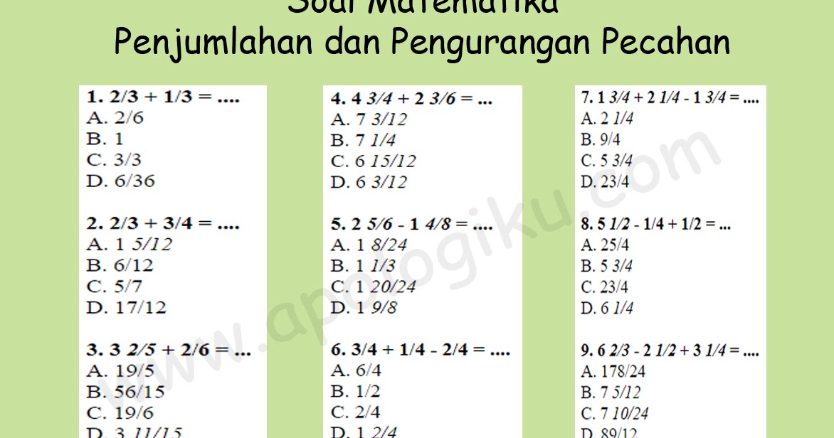 Detail Soal Matematika Pecahan Penjumlahan Menggunakan Gambar Nomer 20