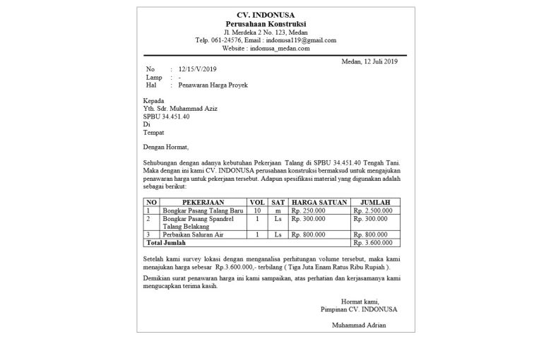 Detail Struktur Surat Penawaran Nomer 54