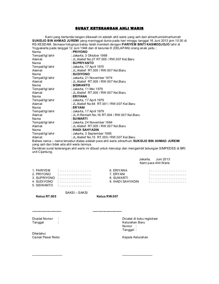 Detail Surat Ahli Waris Bank Nomer 17