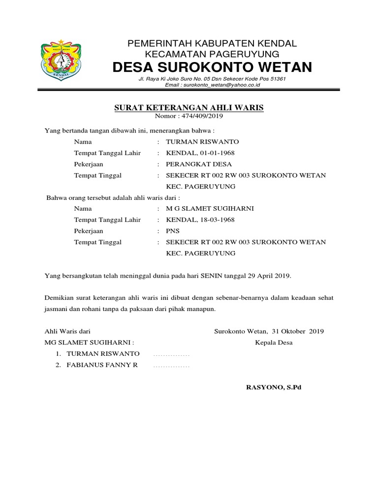 Detail Surat Ahli Waris Dari Desa Nomer 12