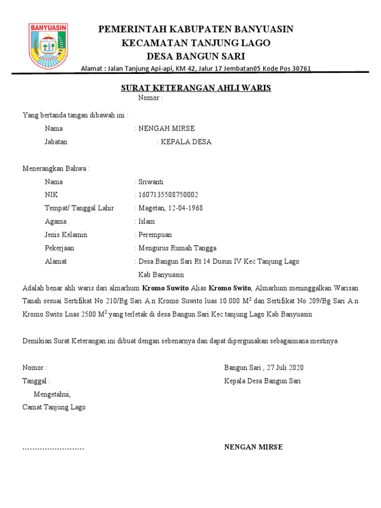 Detail Surat Ahli Waris Dari Desa Nomer 16