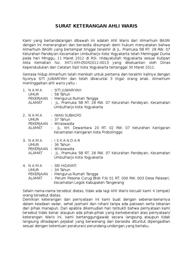 Detail Surat Ahli Waris Kelurahan Nomer 34