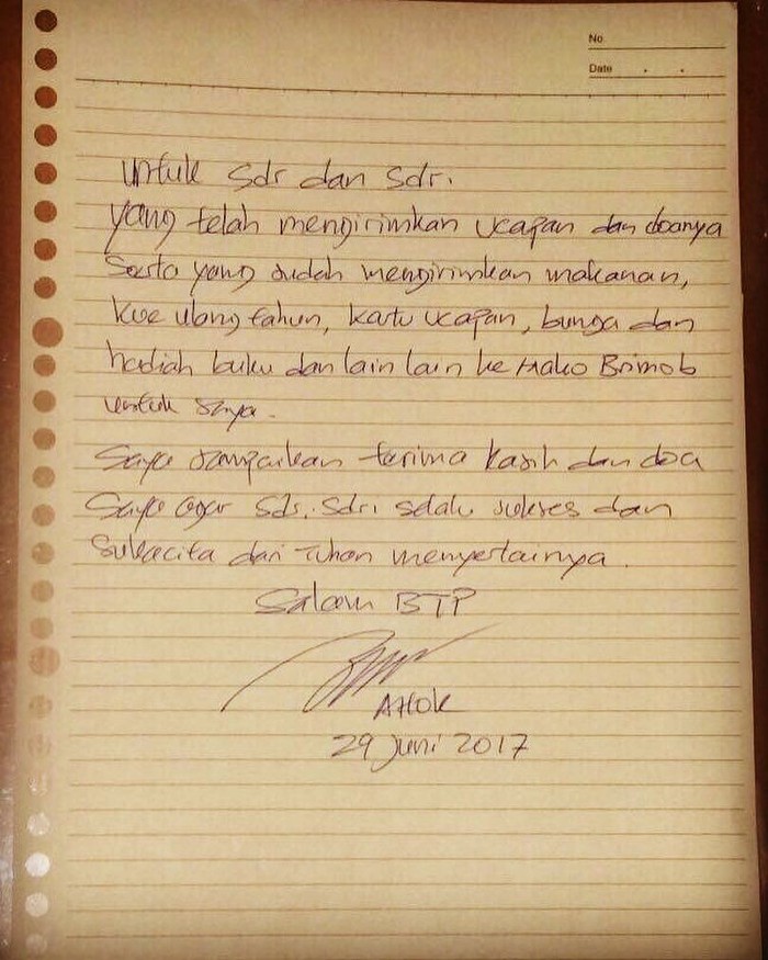 Detail Surat Ahok Dari Dalam Penjara Nomer 14