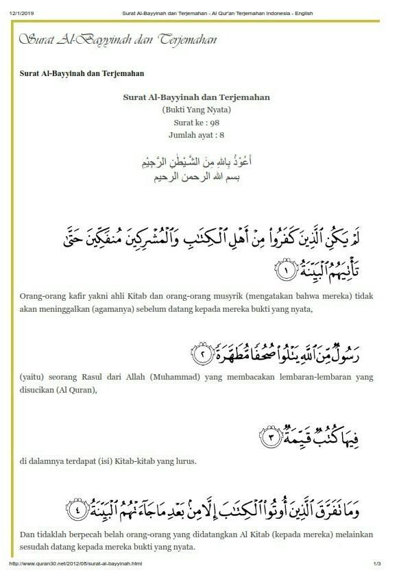 Detail Surat Al Bayyinah 1 8 Nomer 15