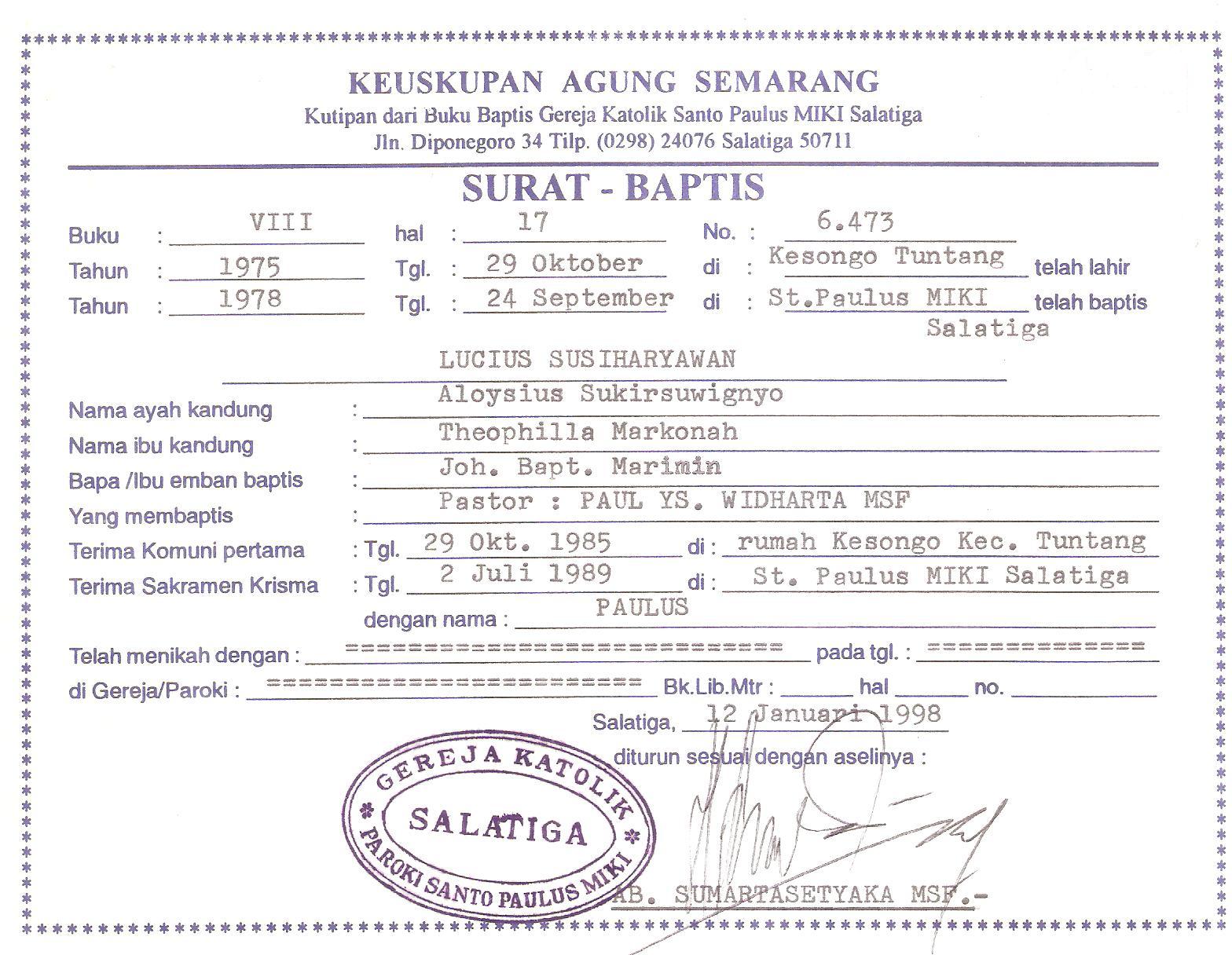 Detail Surat Baptis Katolik Nomer 2