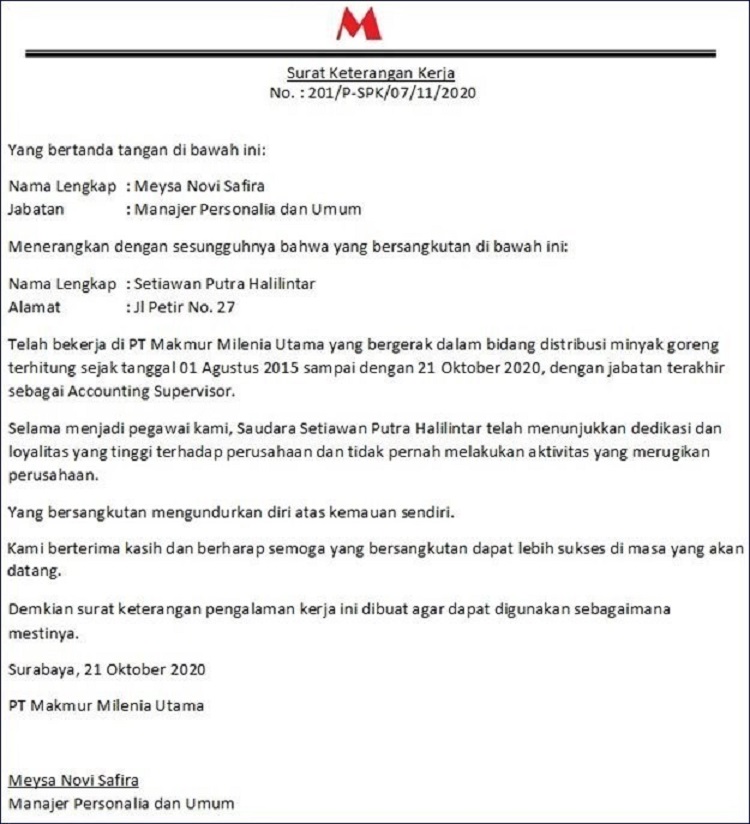 Detail Surat Bukti Pengalaman Kerja Nomer 19