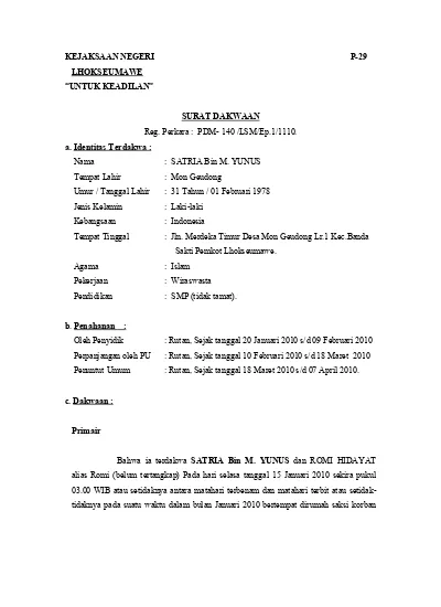 Detail Surat Dakwaan Tunggal Nomer 14