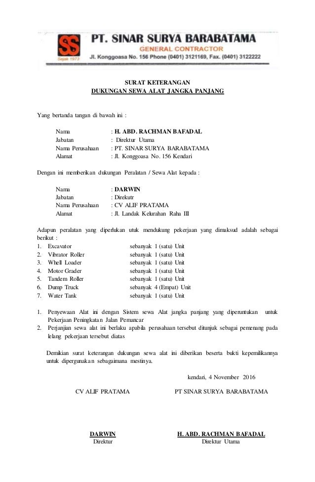 Detail Surat Dukungan Alat Berat Nomer 2