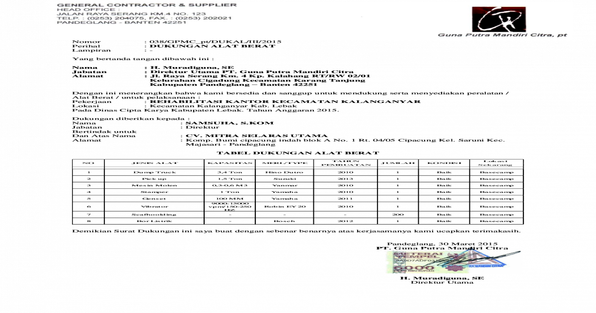 Detail Surat Dukungan Alat Berat Nomer 21