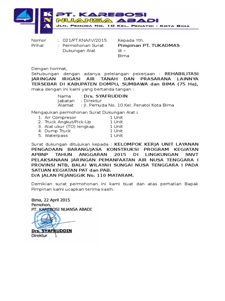 Detail Surat Dukungan Tender Nomer 20