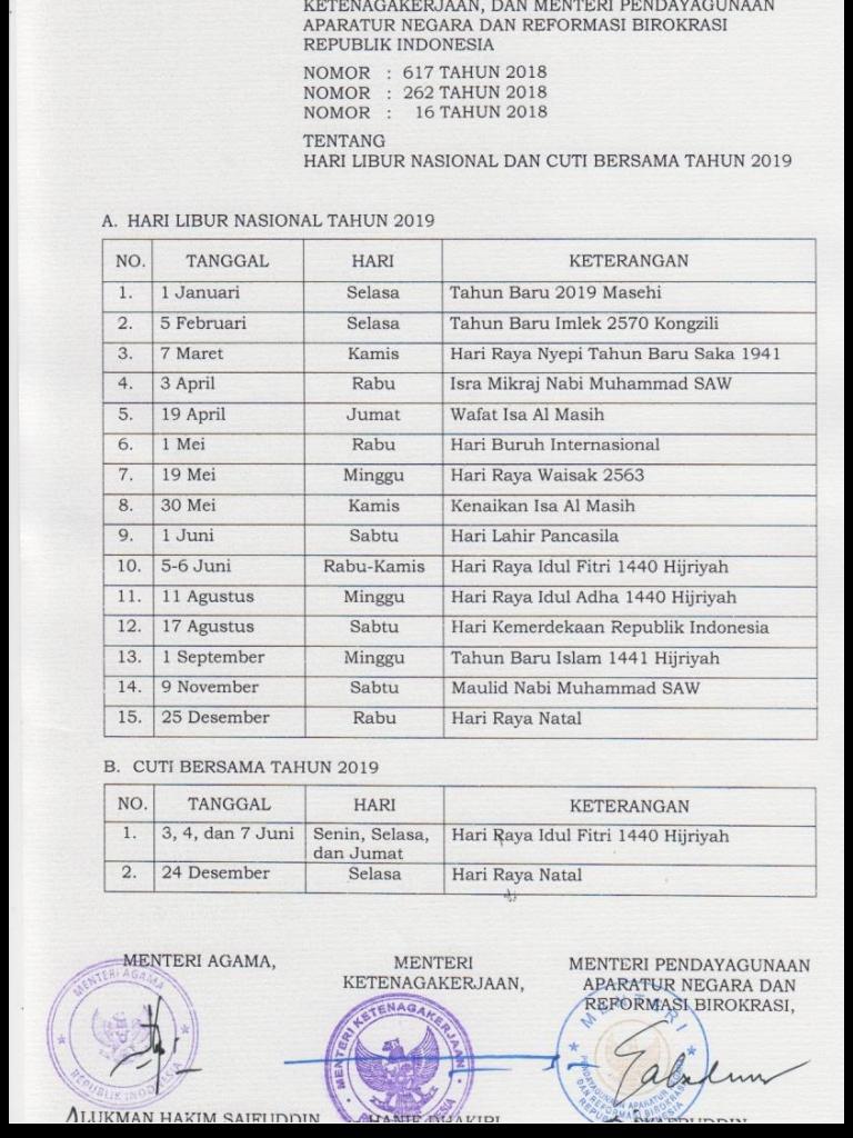 Detail Surat Edaran Cuti Bersama 2019 Nomer 29