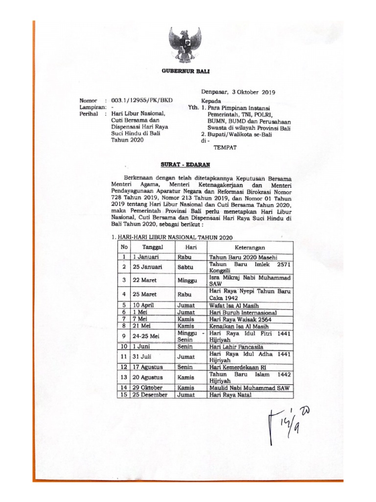 Detail Surat Edaran Gubernur Bali Libur 2020 Nomer 22