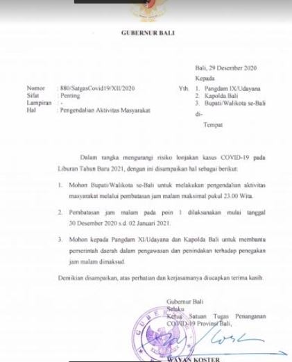 Detail Surat Edaran Gubernur Bali Libur 2020 Nomer 38