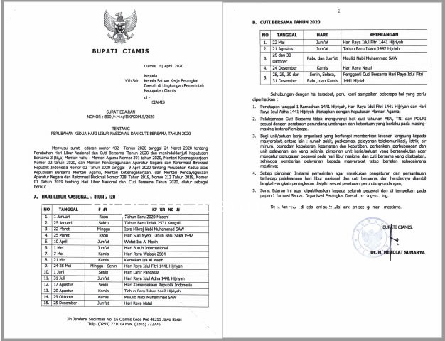 Detail Surat Edaran Libur Nasional 2020 Nomer 13