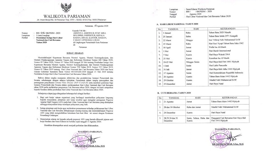 Detail Surat Edaran Libur Nasional 2020 Nomer 16