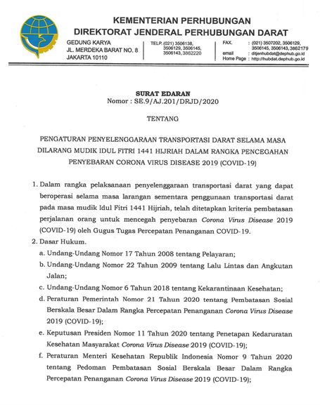 Detail Surat Edaran Menteri Perhubungan Nomer 19