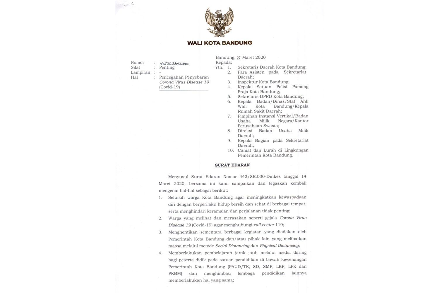 Detail Surat Edaran Walikota Bandung Nomer 10