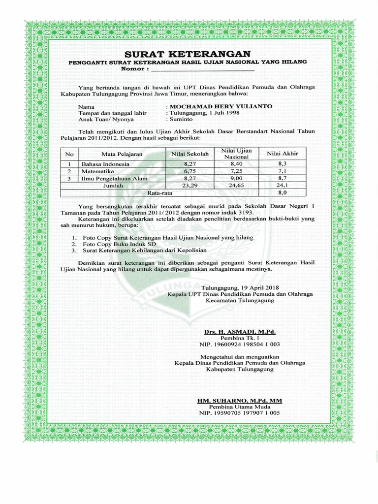 Detail Surat Hasil Ujian Nasional Nomer 15