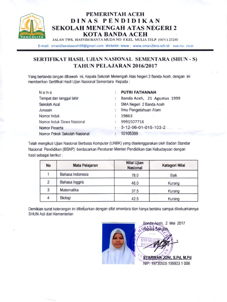 Detail Surat Hasil Ujian Nasional Nomer 18