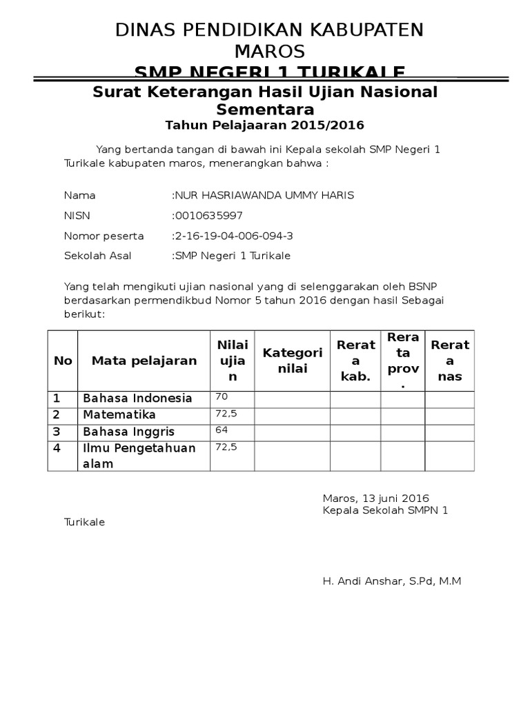 Detail Surat Hasil Ujian Nasional Nomer 5