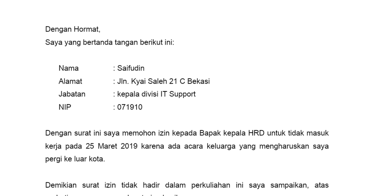 Detail Surat Izin Tidak Masuk Kerja Karena Urusan Keluarga Nomer 34