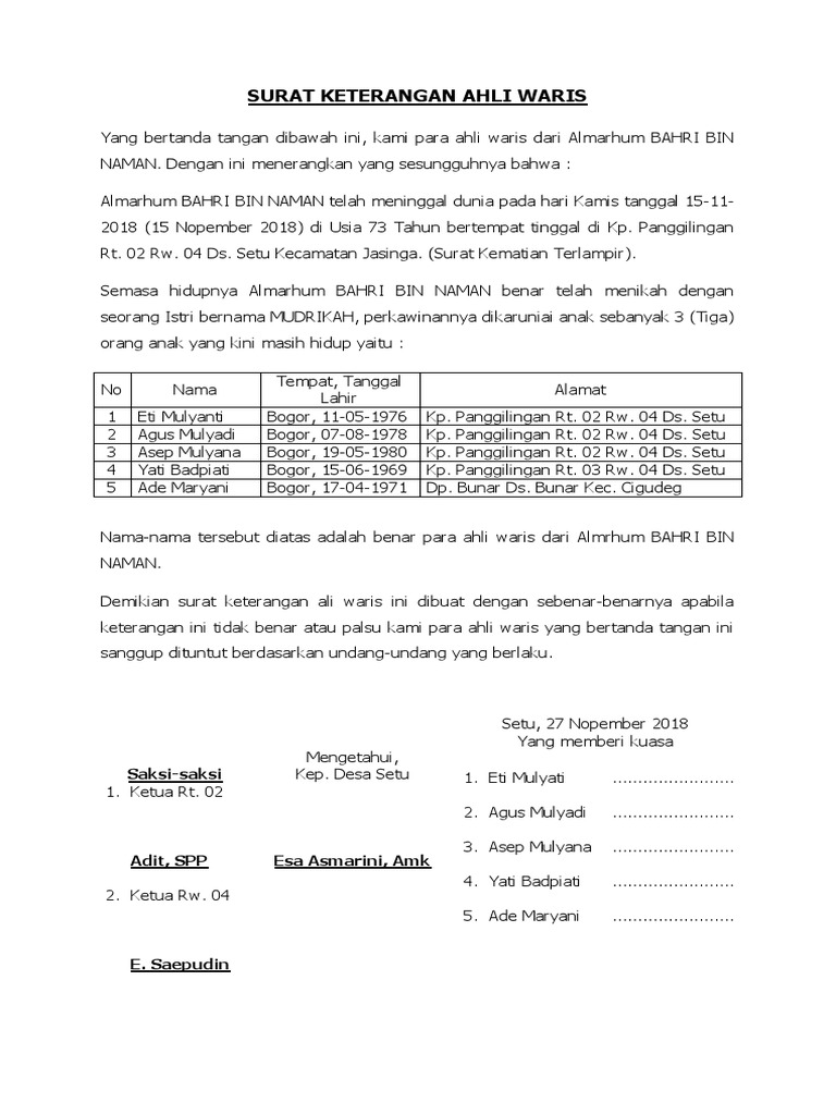 Detail Surat Keterangan Ahli Waris 2018 Nomer 26