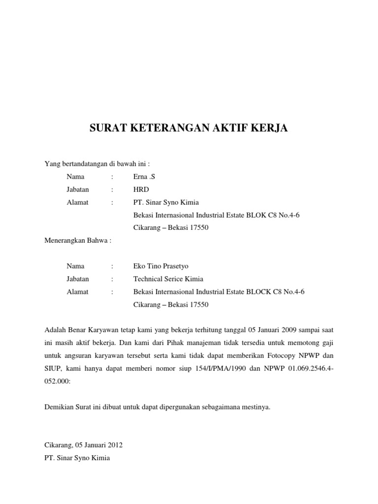 Surat Keterangan Aktif Bekerja - KibrisPDR