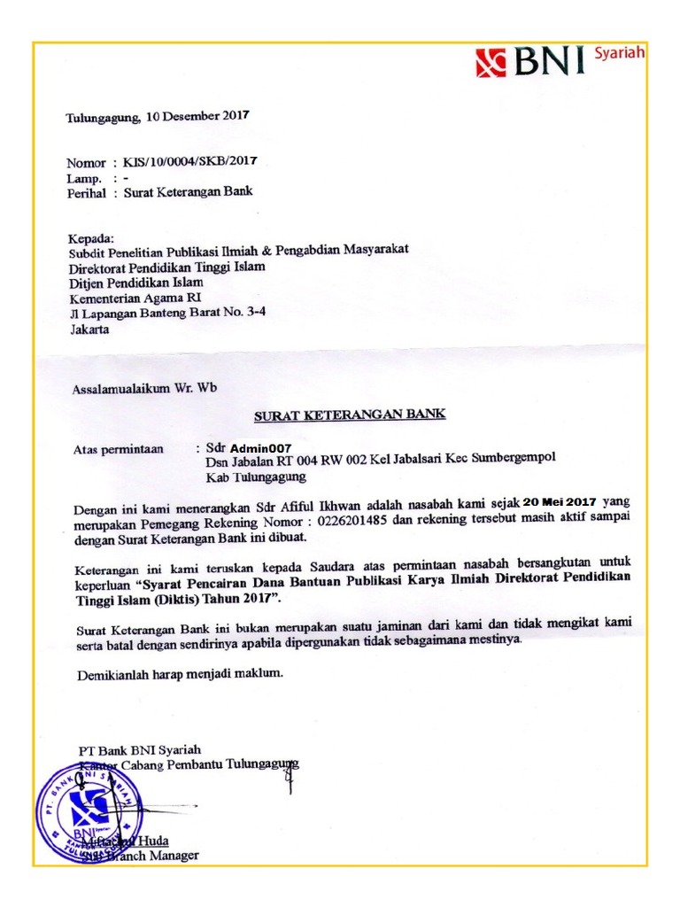 Surat Keterangan Bank - KibrisPDR