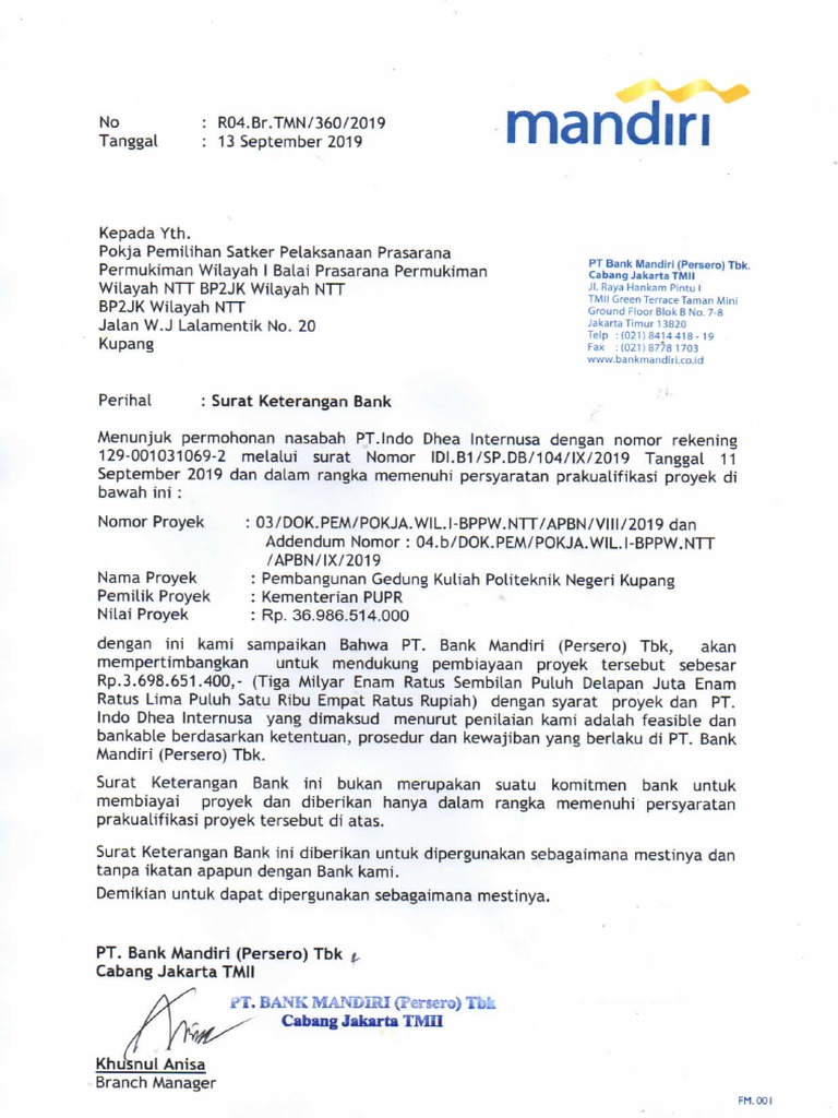 Detail Surat Keterangan Bank Mandiri Nomer 12