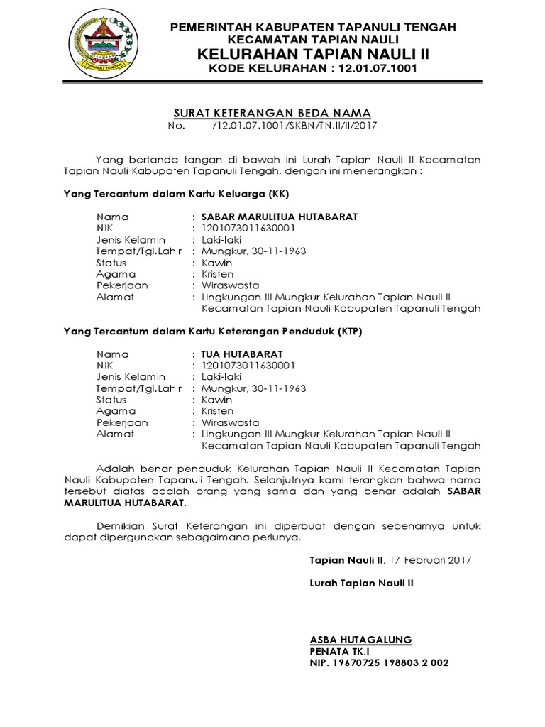 Surat Keterangan Beda Nama Doc - KibrisPDR