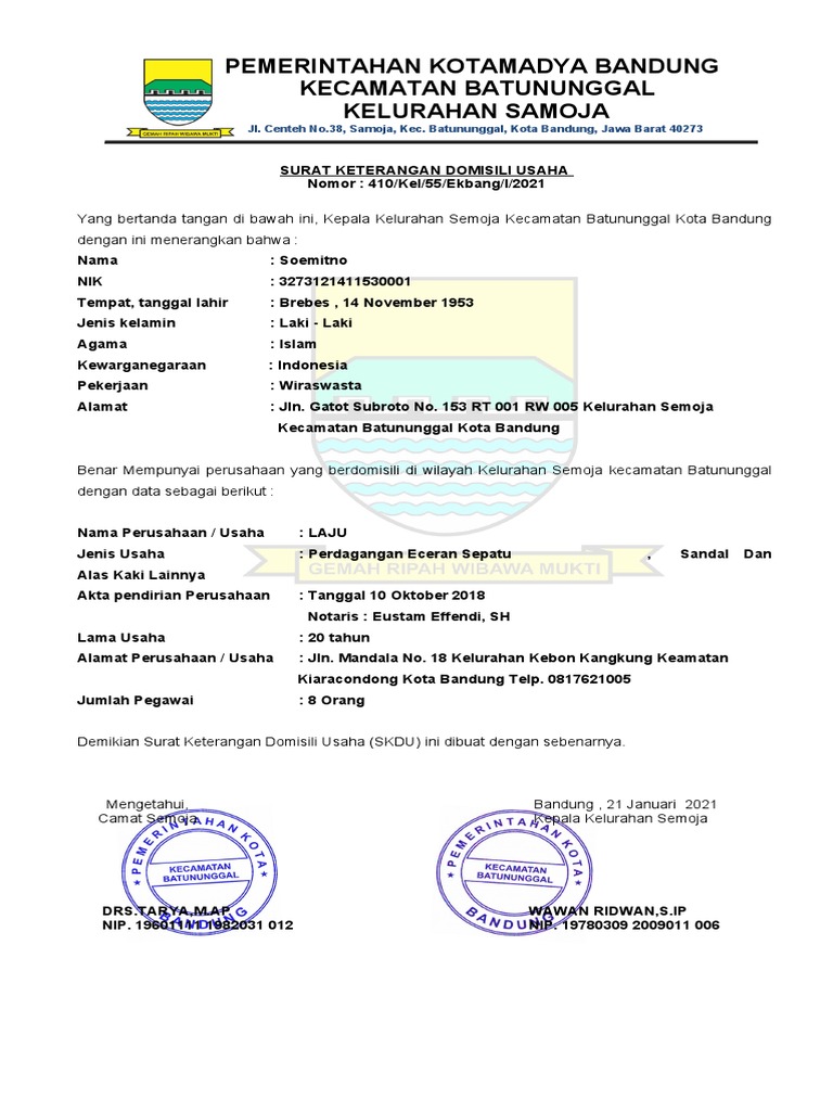 Detail Surat Keterangan Domisili Perusahaan Kota Bandung Nomer 8