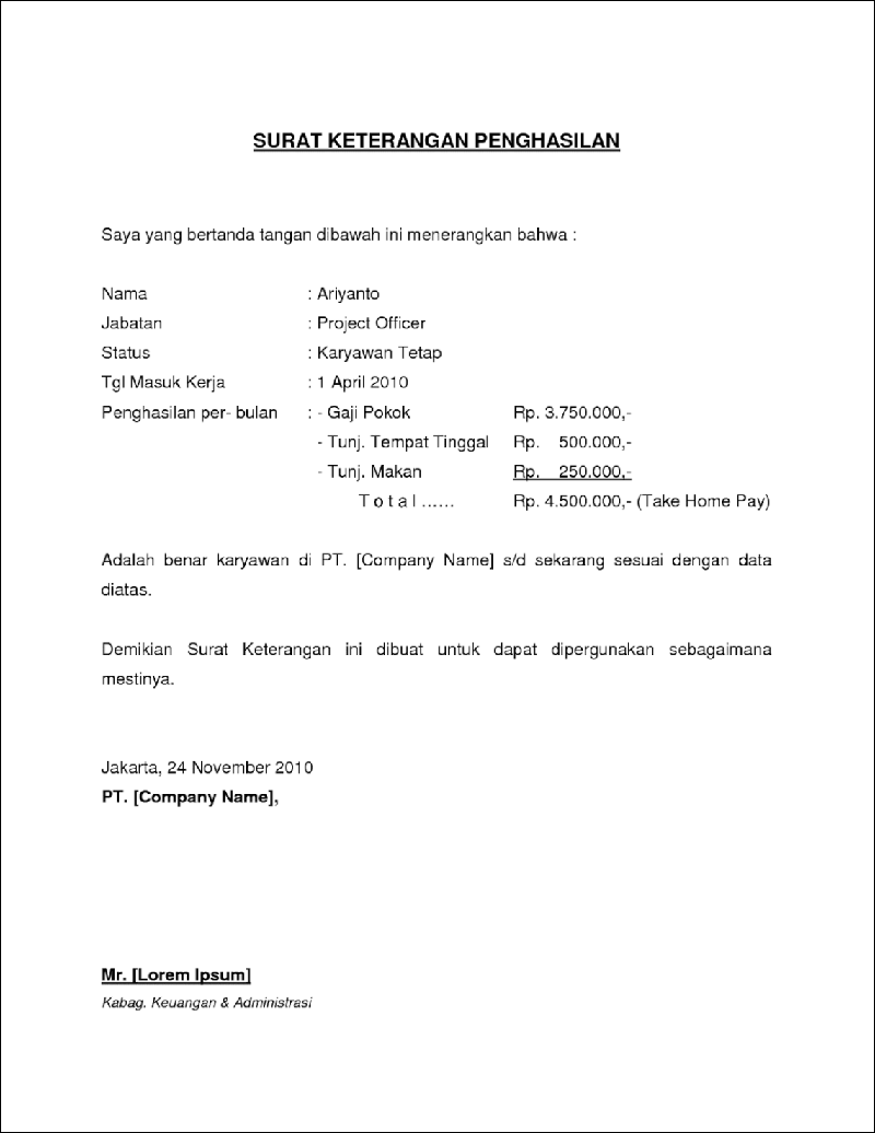 Detail Surat Keterangan Gaji Cash Nomer 12