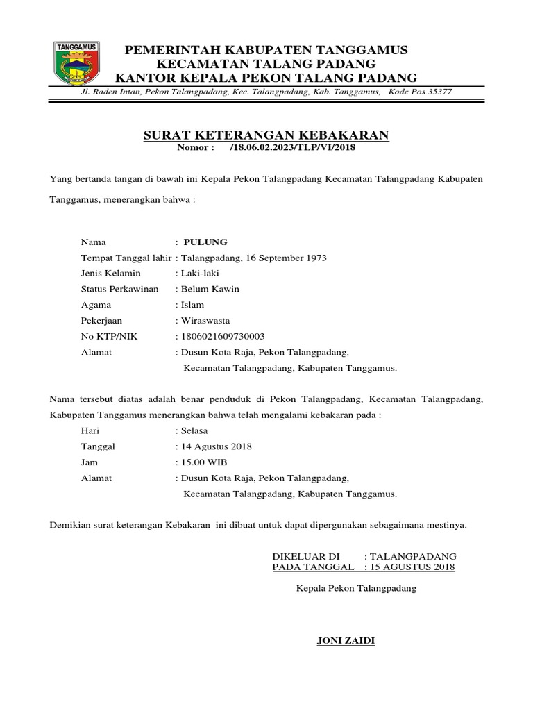 Detail Surat Keterangan Kebakaran Nomer 2