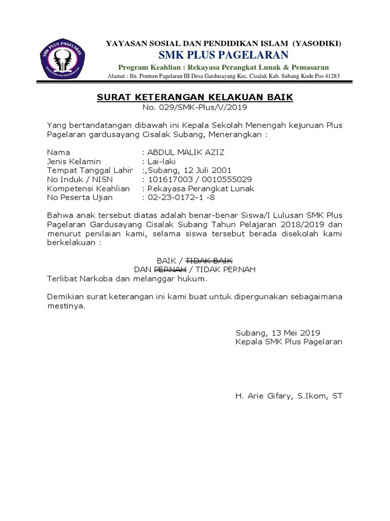 Detail Surat Keterangan Kelakuan Baik Dari Sekolah Nomer 44