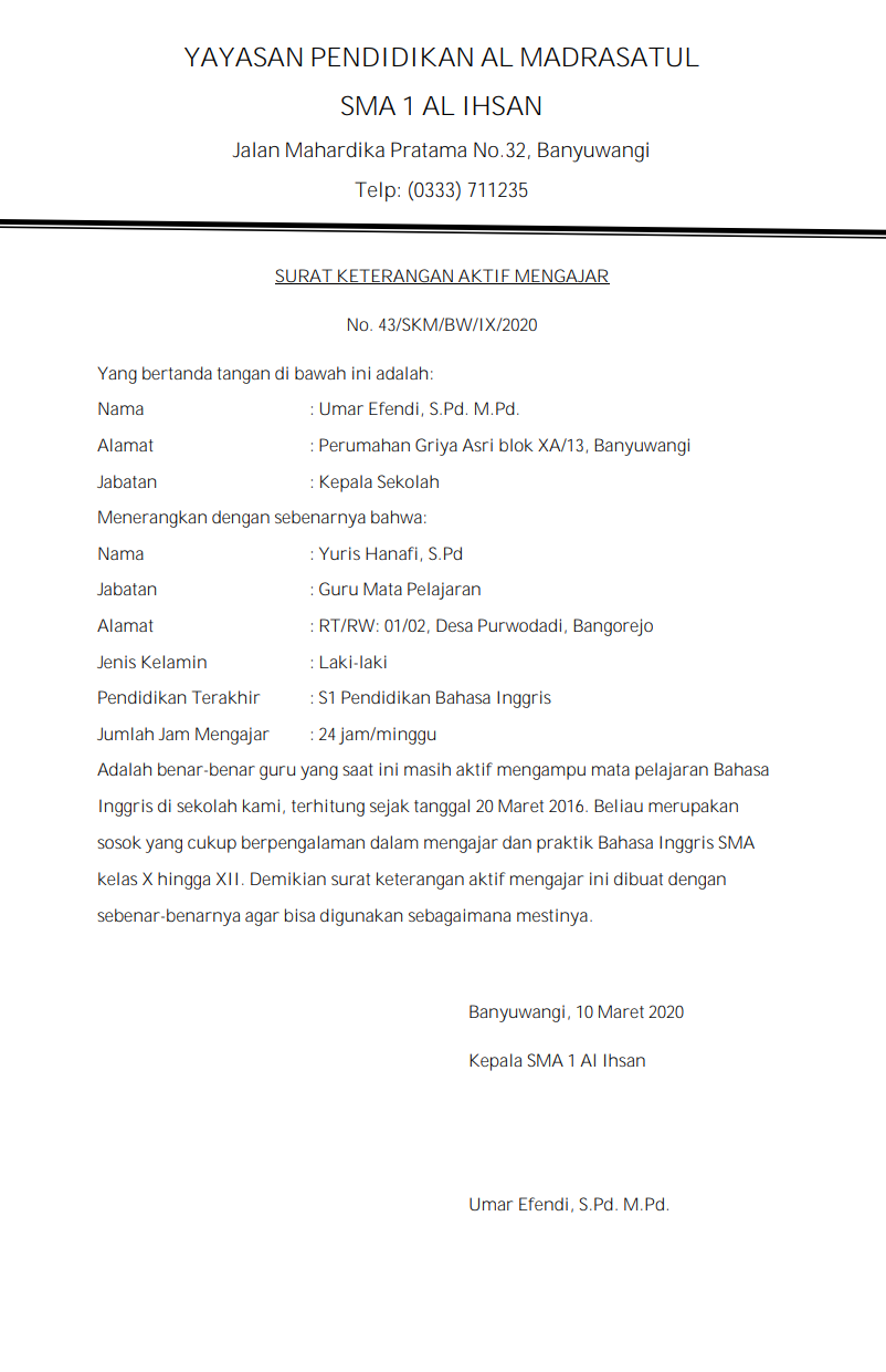 Detail Surat Keterangan Mengajar Dari Kepala Sekolah Nomer 12