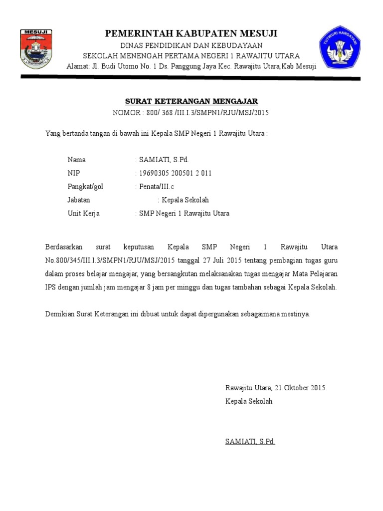 Detail Surat Keterangan Mengajar Dari Kepala Sekolah Nomer 10