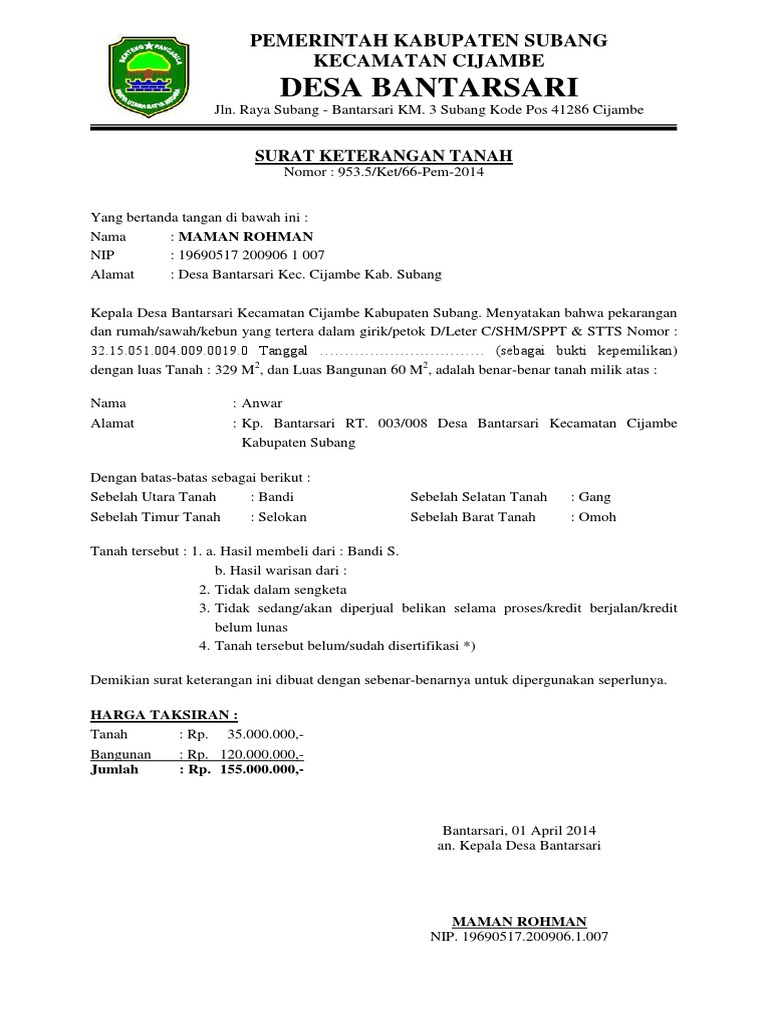 Surat Keterangan Tanah Dari Kepala Desa - KibrisPDR