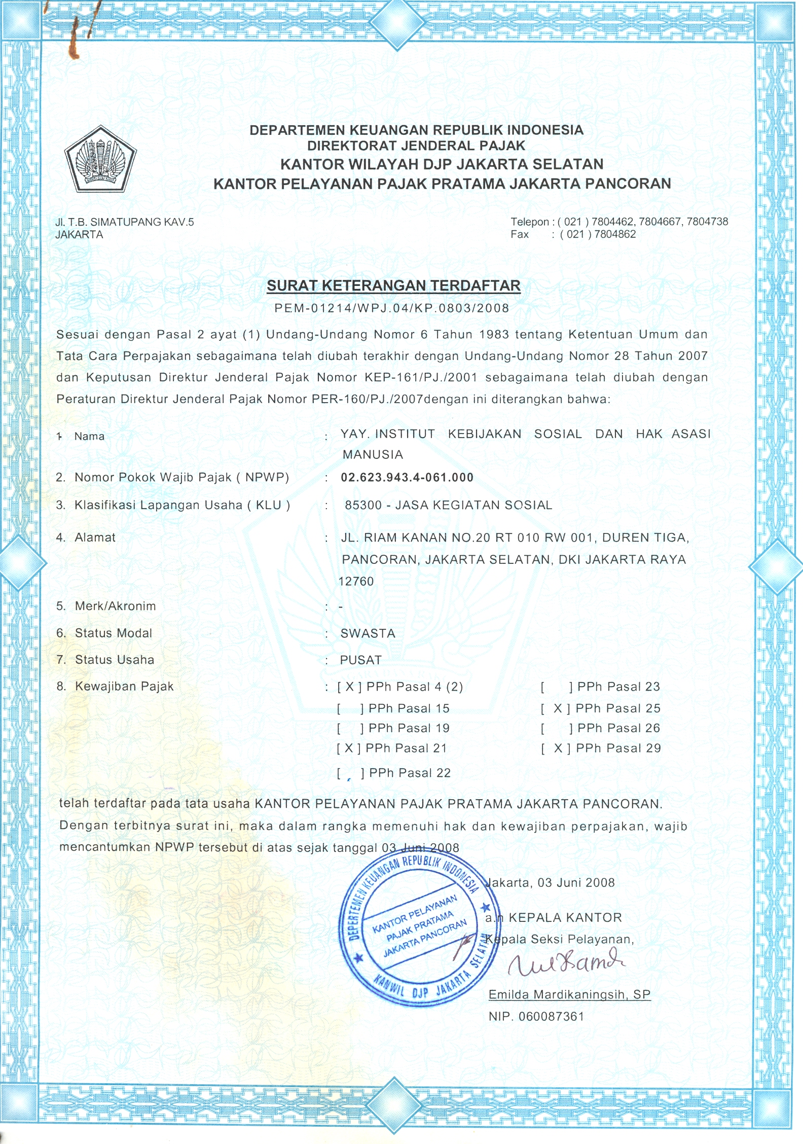 Detail Surat Keterangan Terdaftar Pajak Nomer 9