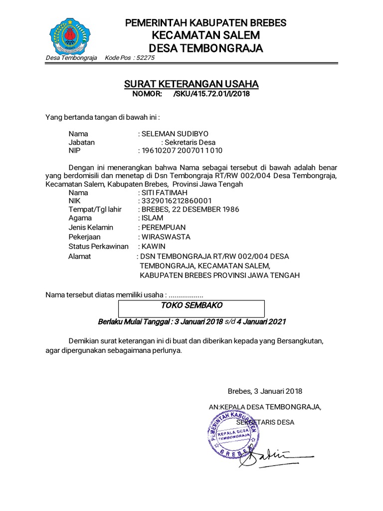 Detail Surat Keterangan Usaha Dari Desa Nomer 46