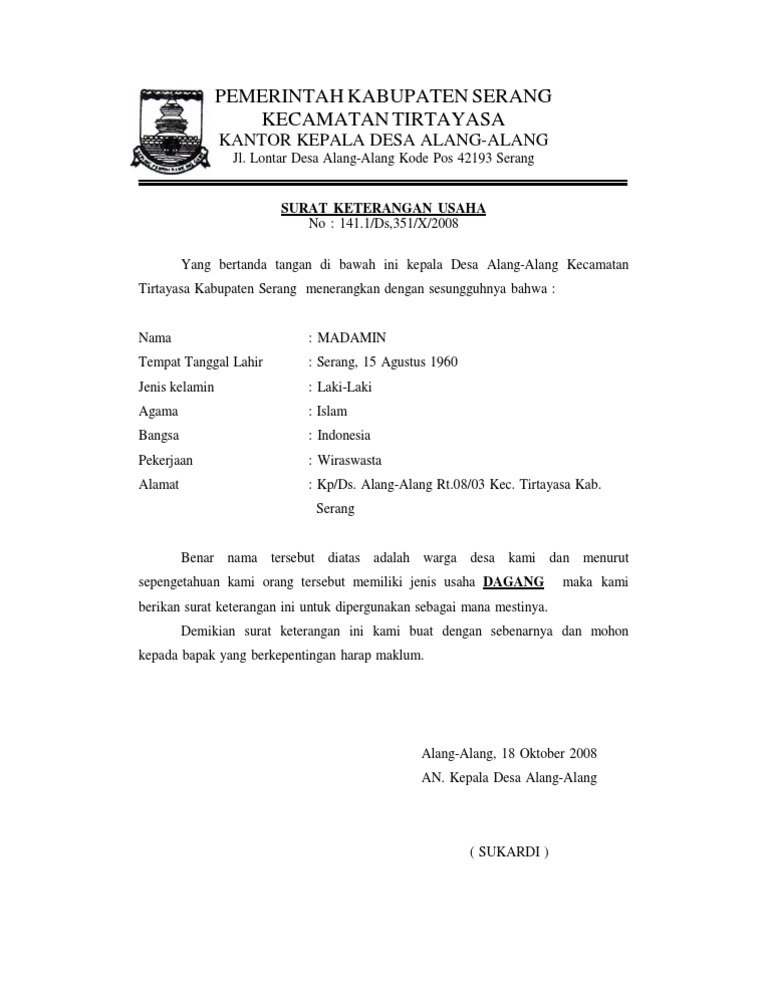 Detail Surat Keterangan Usaha Dari Kepala Desa Nomer 32