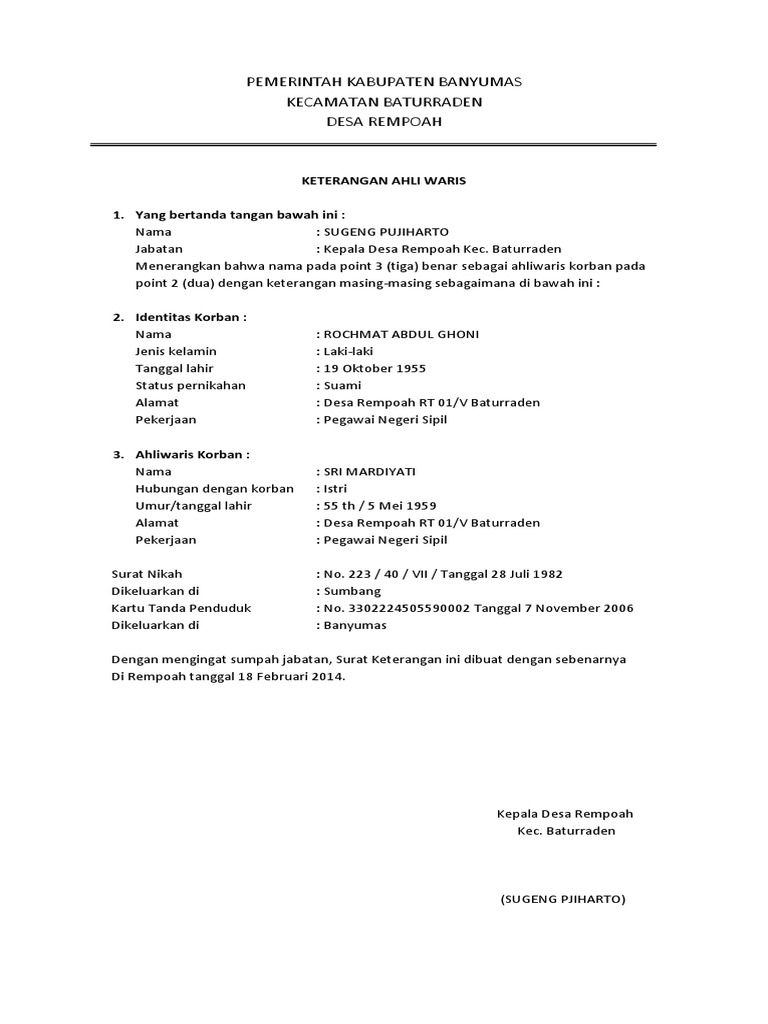 Detail Surat Keterangan Waris Dari Desa Nomer 41