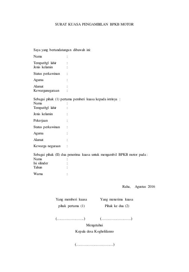 Detail Surat Kuasa Ambil Bpkb Nomer 11