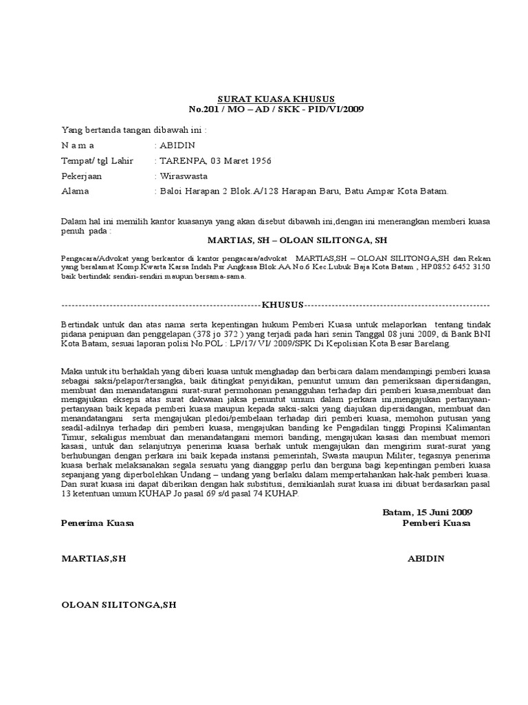Detail Surat Kuasa Laporan Polisi Nomer 6