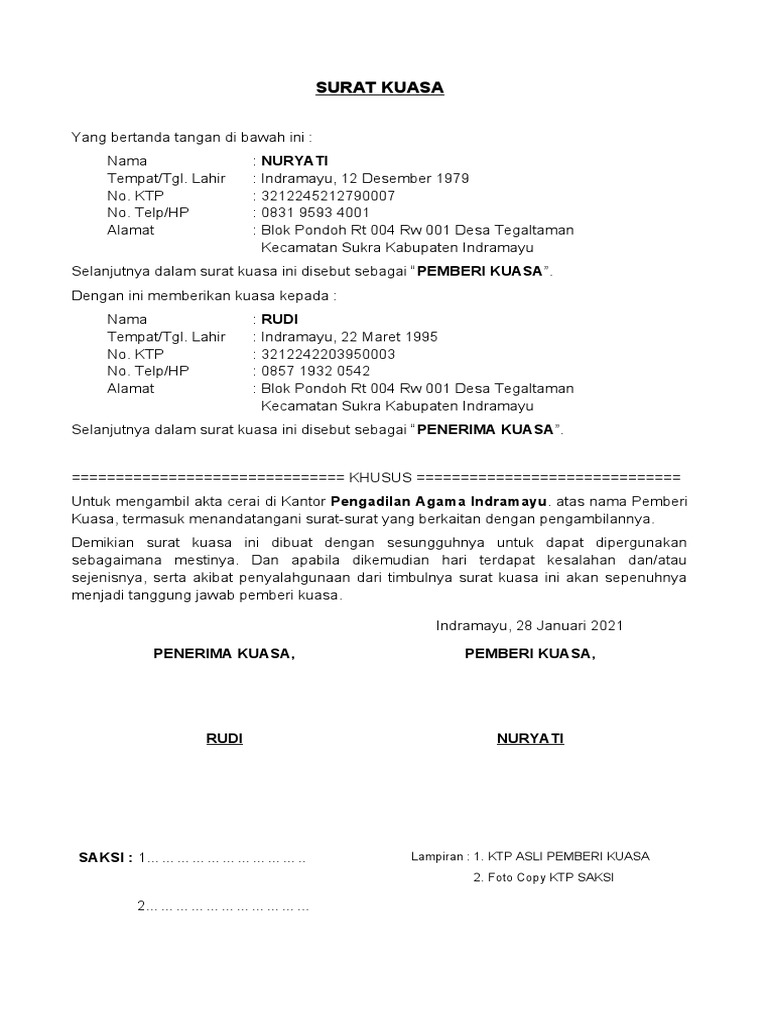 Detail Surat Kuasa Pengambilan Akta Cerai Nomer 2