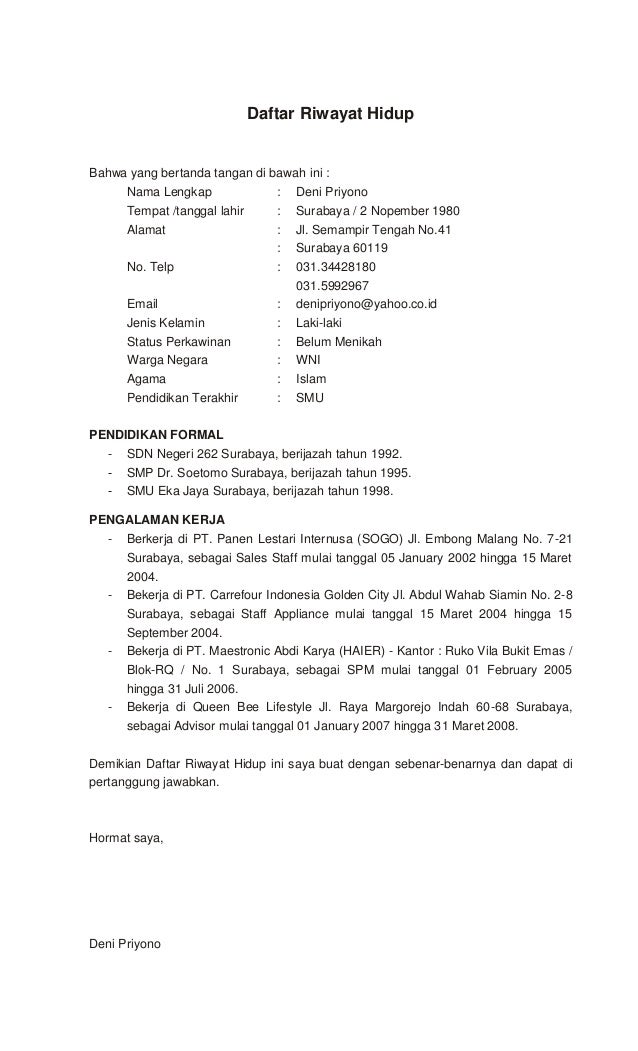 Detail Surat Lamaran Daftar Riwayat Hidup Nomer 28